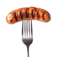 Grilled sausage on fork with char marks in studio setting png