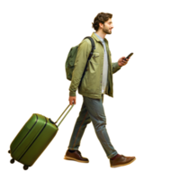 Man traveling, walking trough station, holding phone and baggage, travel concept, transparent background, passenger png