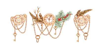 engrenagens, penas, seco galhos, vermelho bagas, correntes e pingentes, chave dentro steampunk estilo, conjunto do aguarela ilustrações. mecânico lembrança dentro techno estilo. Natal conjunto isolado a partir de fundo. png