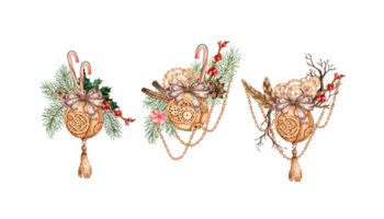 metal Natal bola dentro steampunk estilo fez do engrenagens, abeto galhos, canela, caramelo e Castanho arco, correntes aguarela ilustração. mecânico lembrança dentro techno estilo. conjunto isolado a partir de fundo. png