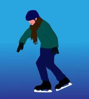 illustration of a child learning ice skating, wearing a protective helmet and scarf to protect against the cold, blue gradient background, isolated on a white background vector