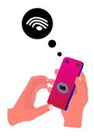 Illustration of a hand holding a cellphone receiving a message, Good for depicting connectivity, modern communication, or technology in everyday life vector