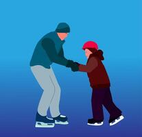 illustration design of father training his son to play ice skating, blue gradient background, isolated on white background vector