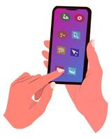 Illustration of a hand playing with a cellphone. Good for depicting connectivity, modern communication, or technology in everyday life. vector