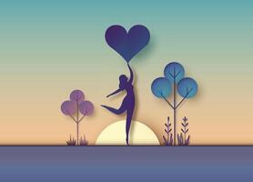Graceful Woman Holding Heart at Sunset in Nature Scene vector