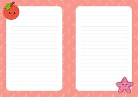 Colored sheet template for notes. Paper page for journal, notebook, diary, letters, schedule, organizer. Cute cartoon character. Lined sheet. illustration. vector
