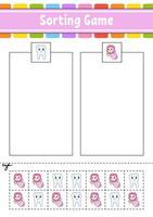 Sorting game for kids. Cut and glue. Education developing worksheet. Matching game for kids. Color activity page. Puzzle for children. Cute character. illustration. vector