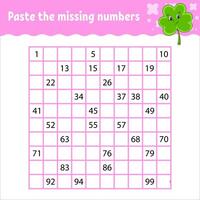 Paste the missing numbers from 1 to 100. Handwriting practice. Learning numbers for kids. Education developing worksheet. Activity page. illustration. vector