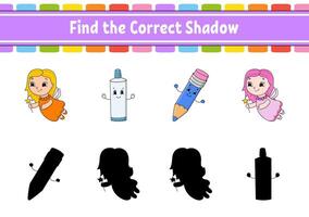 Find the correct shadow. Education developing worksheet. Matching game for kids. Color activity page. Puzzle for children. Cute character. illustration. vector