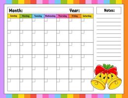 Blank calendar template for one month without dates. Colorful design with a cute character. illustration. vector