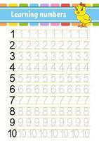 Trace and write numbers. Handwriting practice. Learning numbers for kids. Education developing worksheet. Activity page. illustration. vector