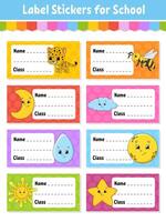 Name and class. Back to school labels. Set stickers for notebook. Bright stickers. Rectangular label. illustration. vector