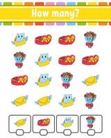 Counting game for children. Happy characters. Learning mathematics. How many object in the picture. Education worksheet. With space for answers. illustration. vector