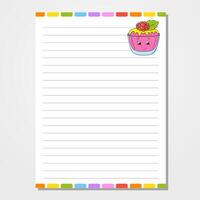 Sheet template for notebook, notepad, diary. Lined paper. Cute character. With a color image. cartoon . illustration. vector