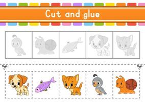 Cut and play. Paper game with glue. Flash cards. Education worksheet. Activity page. Scissors practice. illustration. vector
