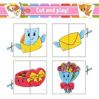Cut and play. Flash cards. Color puzzle. Education developing worksheet. Activity page. Game for children. cartoon . Funny character. illustration. vector