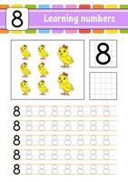 Trace and write numbers. Handwriting practice. Learning numbers for kids. Education developing worksheet. Activity page. illustration. vector