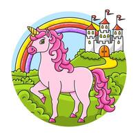 Cute unicorn. Magic fairy horse. Landscape with a beautiful castle. Cartoon character. Colorful illustration. Isolated on color background. Design element. vector