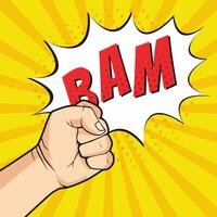 a hand holding the word bam in pop art style vector