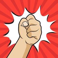 a hand with a fist pointing up on a red background vector