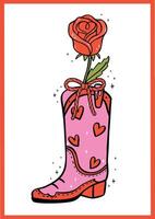 Retro Cowboy Boot with rose flower Western Valentine Hand Drawn Bold Design collection vector
