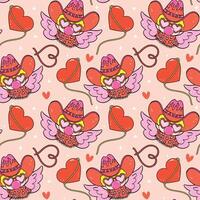 Groovy Retro Valentine Seamless Pattern Cowboy Cupid Western cartoon isolated on background vector