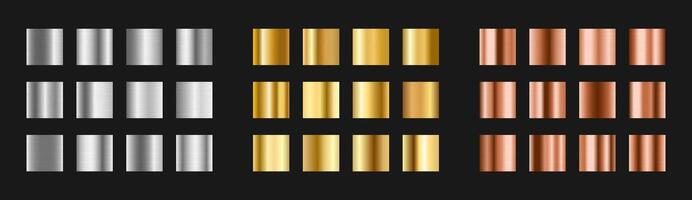 Aluminium, golden, bronze metallic gradient set. Shiny template metal shape. Glossy design for frames, banners, ribbons and labels. illustration vector