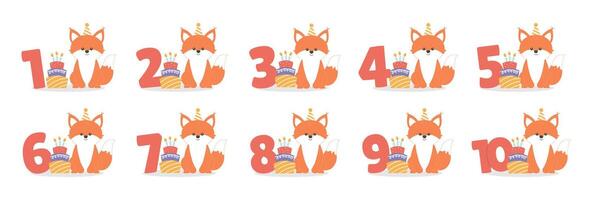 Numbers with cute fox character and cake set. Beautiful elements for Kids Birthday Party invitation, greeting card, poster, event, prints and cake toppers design vector