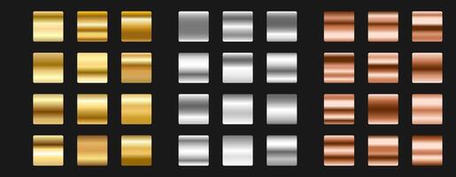 Golden, silver, bronze metallic gradient set. Glossy design for frames, banners, ribbons and labels. illustration on black background vector