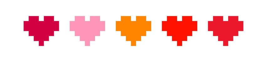 Pixel red, pink hearts set in pixel art style. Different hearts collection. Retro game, interface concept. graphic on white background vector