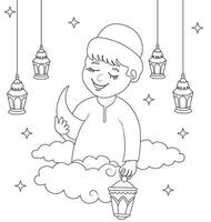A cute and funny coloring page of a Ramadan Muslim Boy. vector