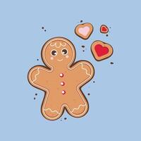 illustration in the form of a flat gingerbread man on a blue background. Christmas cookies in the shape of hearts and a gingerbread man. vector
