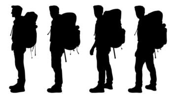 silhouette of man carrying adventure backpack. hiker standing pose with gear. isolated on a transparent background, eps 10 vector