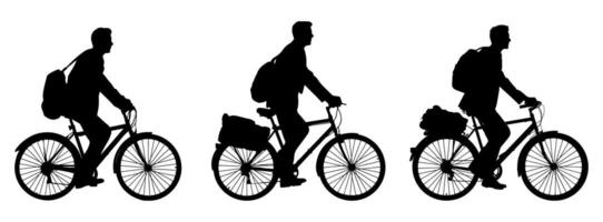 set of silhouettes of people riding bicycle. cyclist side view. bigh detail. bike to work. isolated on a background. eps 10 vector