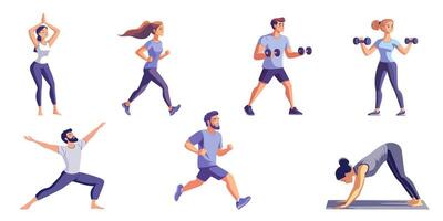 set of flat cartoon character doing work out exercise. isolated on white vector