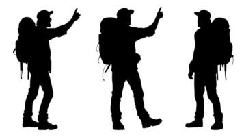 silhouette of man carrying adventure backpack. hiker standing pose with gear and a cap. isolated on a transparent background, eps 10 vector
