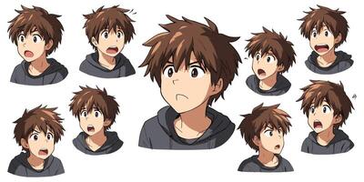 character sheet of man in multiple expressions. set of cartoon anime boy male avatar emoji. vector