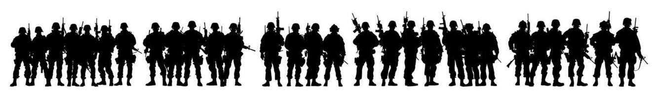 silhouette of group team army soldier standing. isolated on white. vector