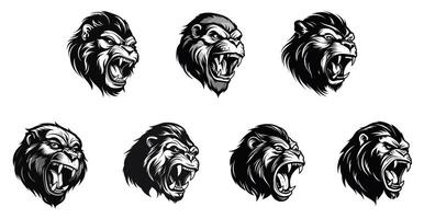 set of black and white gorilla head roaring logo. isolated on a transparent background. eps 10 vector
