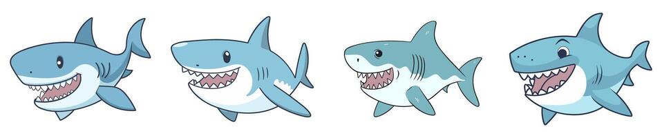 set of illustration of shark. fish doodle. kid hand drawing cute great white shark. isolated on a transparent background. eps 10 vector