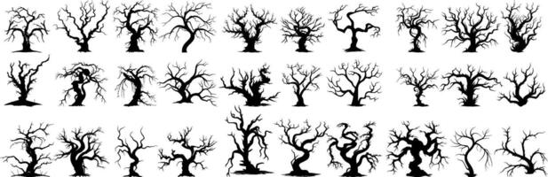 set of silhouettes of twisted spooky tree. halloween elements. isolated on transparent background. eps 10 vector