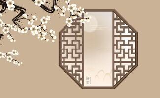 Chinese octagonal window, with white plum blossoms extending towards the window on one side, and an elegant scenery outside the window, which is translated as plum blossom in Chinese vector