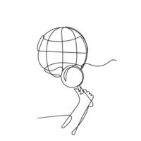 a line drawing of a person holding magnifying glass a globe vector