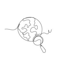continuous line drawing of a globe with a magnifying glass vector