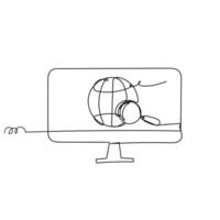 continuous line drawing of a computer monitor with a globe and loupe on it vector