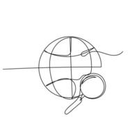 continuous line drawing of a globe with a magnifying glass icon illustration doodle vector