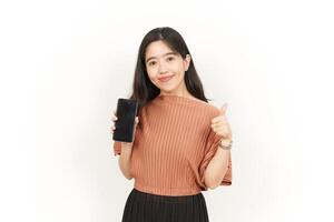 Showing Apps On Blank Screen Smartphone Of Beautiful Asian Woman Isolated On White Background photo