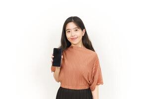Showing Apps On Blank Screen Smartphone Of Beautiful Asian Woman Isolated On White Background photo