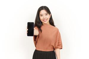 Showing Apps On Blank Screen Smartphone Of Beautiful Asian Woman Isolated On White Background photo