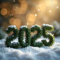 2025 spelled out in snow-covered pine branches with a blurred background of golden lights, creating a winter holiday atmosphere. photo
